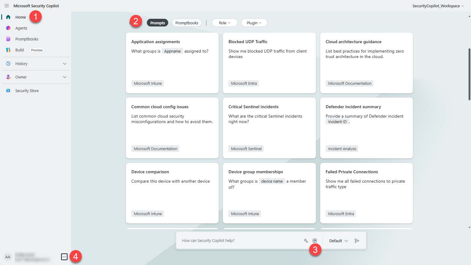 Capture d’écran montrant l’écran d’accueil avec des emplacements numérotés pour le menu d’accueil, les plug-ins, la barre d’invite et l’icône d’aide.