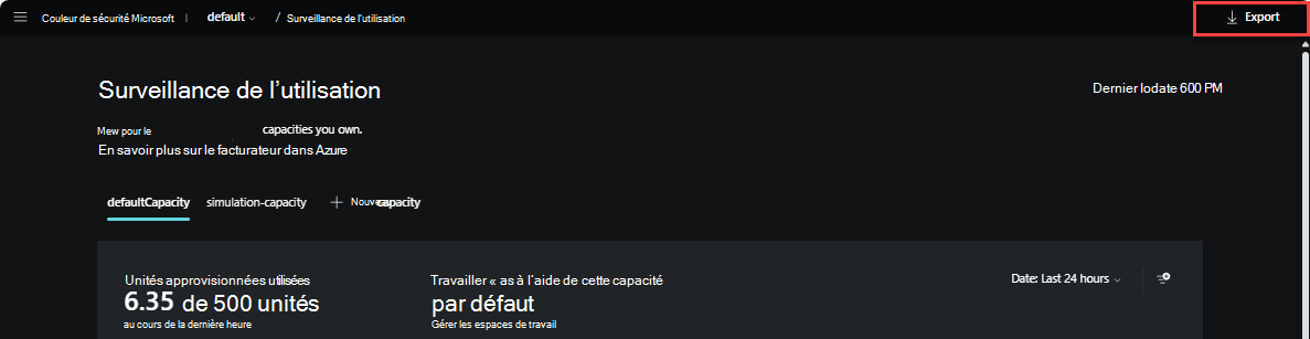 Capture d’écran montrant le bouton d’exportation du tableau de bord de surveillance de l’utilisation.