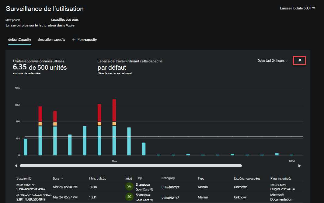 Capture d’écran montrant le bouton de filtre du tableau de bord de surveillance de l’utilisation.