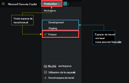 Image du sélecteur d’espace de travail à partir de la barre de navigation.