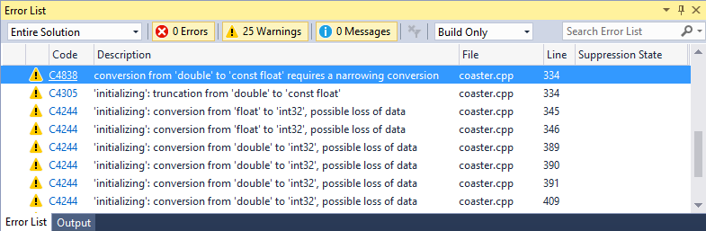 Capture d’écran de la fenêtre de la liste d’erreurs Visual Studio