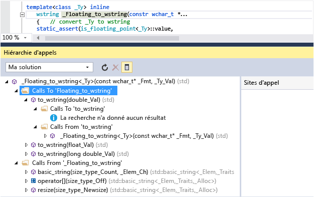 Screenshot of the Call Hierarchy window which shows calls to and from Floating_to_wstring(). For example, to_wstring() calls Floating_to_wstring().