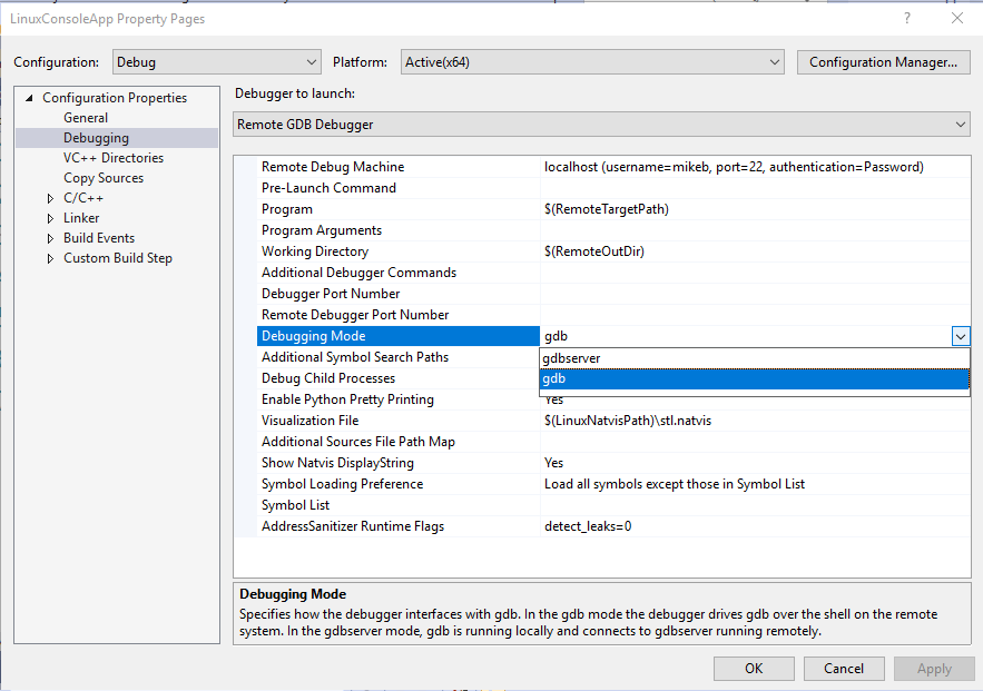 Capture d’écran de la boîte de dialogue Pages de propriétés de l’application de la console Linux Visual Studio avec l’option Configuration Properties > Debugging (Propriétés de configuration et Débogage) sélectionnée et le mode de débogage mis en évidence avec G D B sélectionné et mis en évidence dans la liste déroulante.