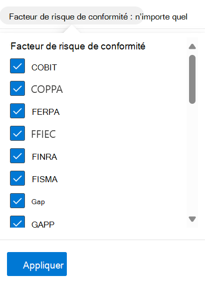 Capture d’écran montrant les facteurs de risque de conformité