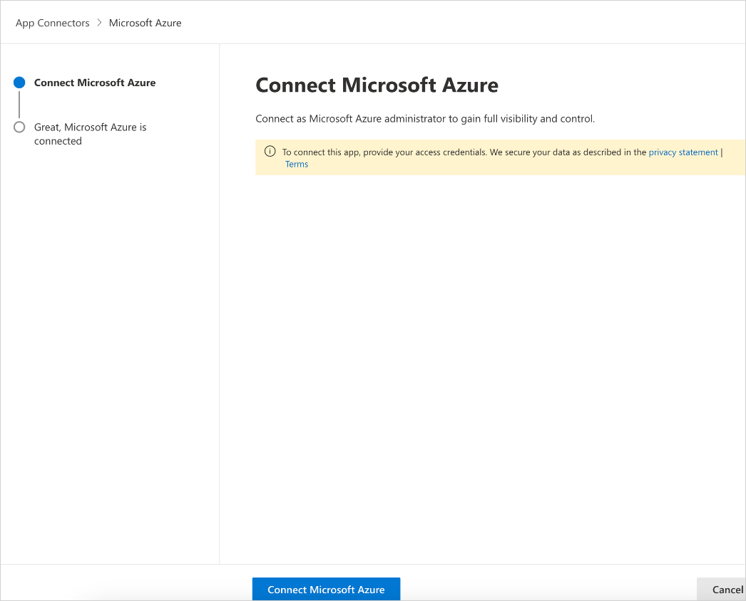 Capture d’écran montrant la page Connecter Microsoft Azure dans le portail Defender.