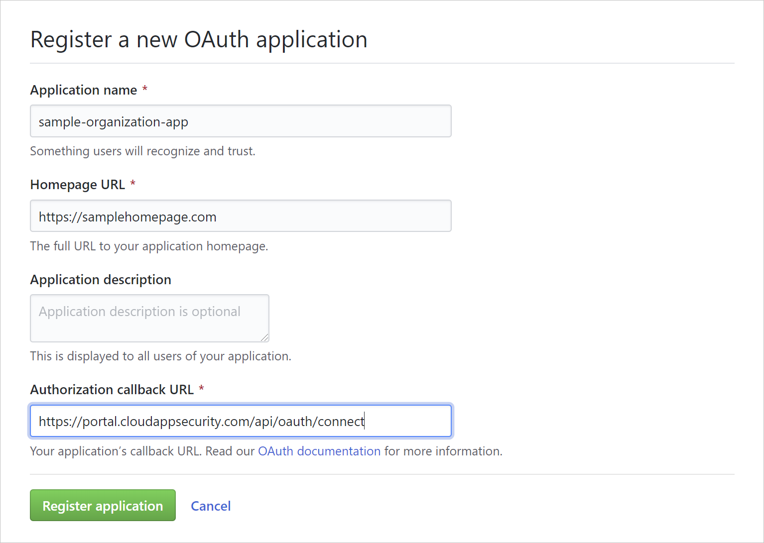 Capture d'écran montrant l'enregistrement d'une application oauth.