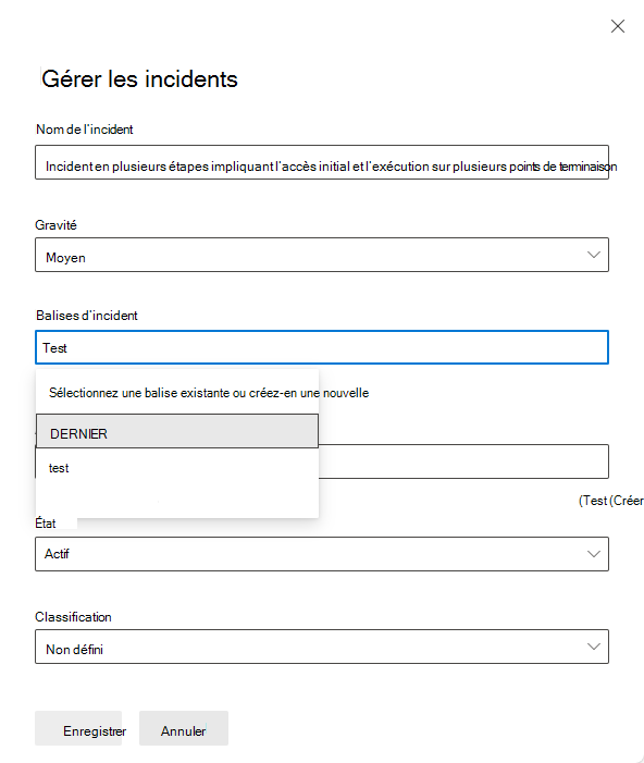 Capture d’écran montrant comment créer une balise d’incident dans le volet Gérer les incidents.