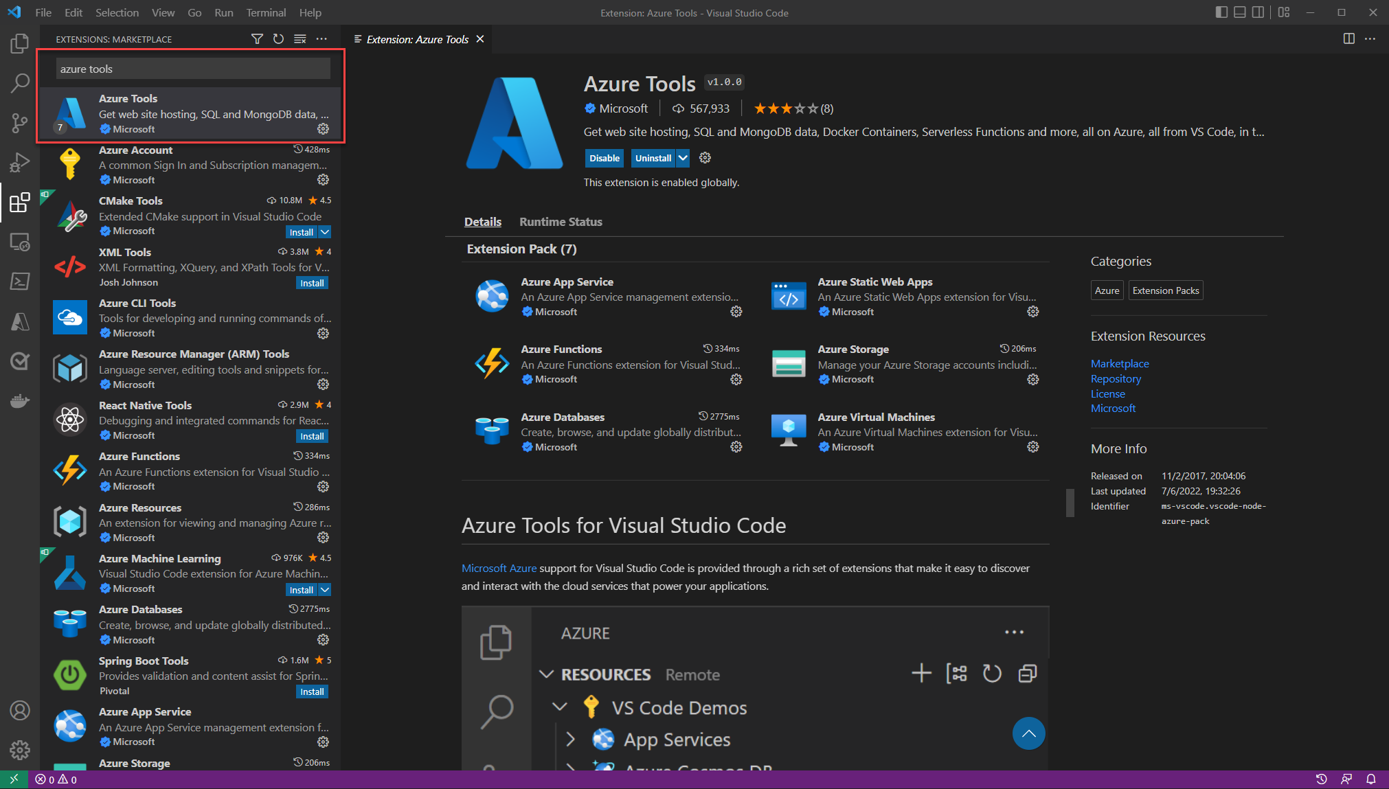 A screenshot of Visual Studio Code showing the extensions panel searching for the Azure Tools extension pack.