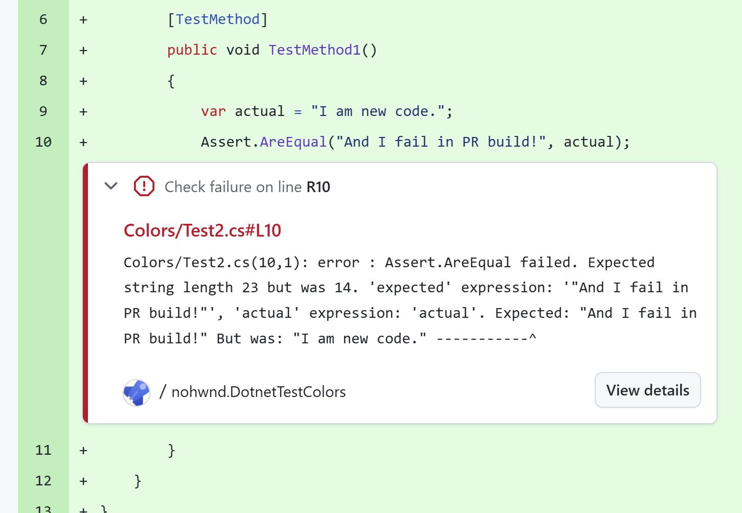 Annotation d’erreur dans la vue des fichiers de pull request GitHub