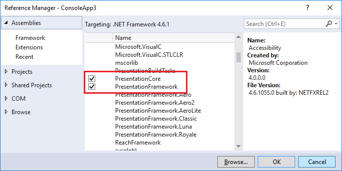 Gestionnaire de références montrant PresentationCore et PresentationFramework