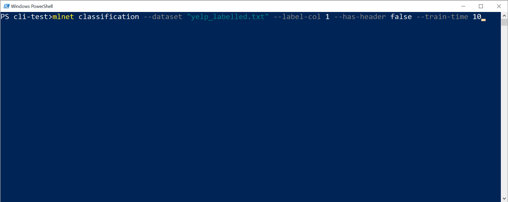 Classification&nbsp;CLI ML.NET sur PowerShell