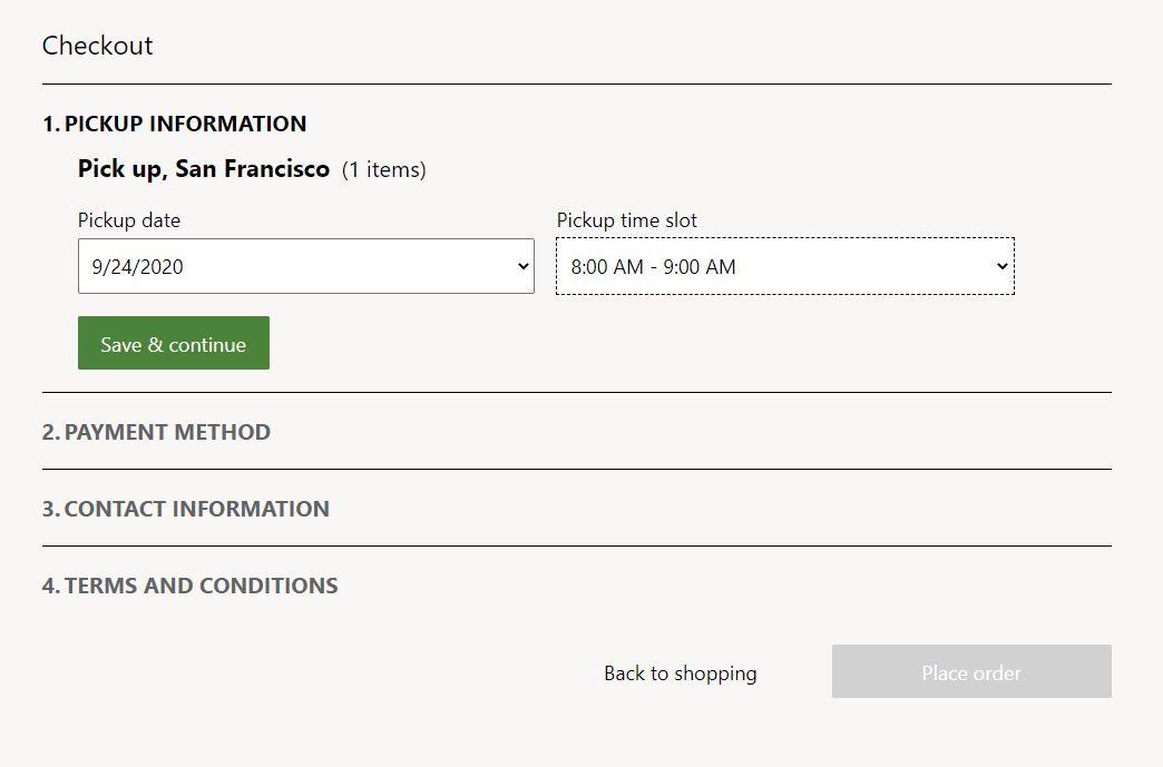 Exemple de sélection de créneau horaire lors du paiement en ligne de la commande.