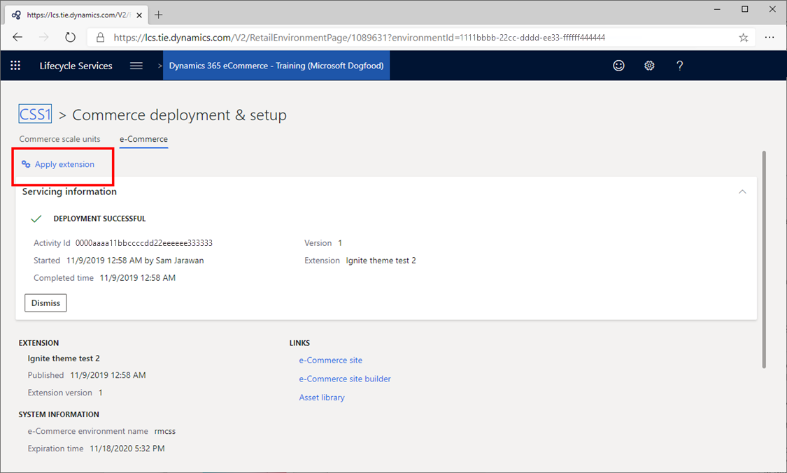 Screenshot of Apply extension in LCS project dashboard.