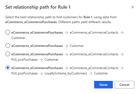 Chemin d’accès à la relation potentiel lors de la création d’une règle basée sur une table associée à la table client unifiée.