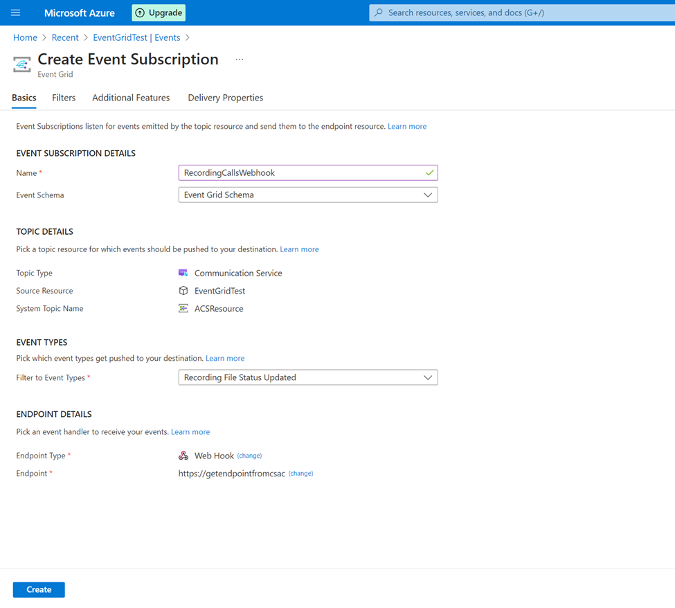 Webhook d’enregistrement d’abonnement à l’événement grille point de terminaison