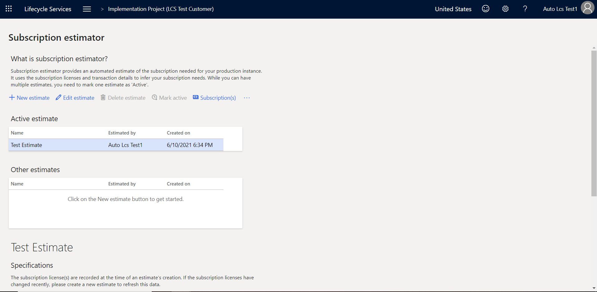 Screenshot of active subscription estimate in the Subscription estimator tool.