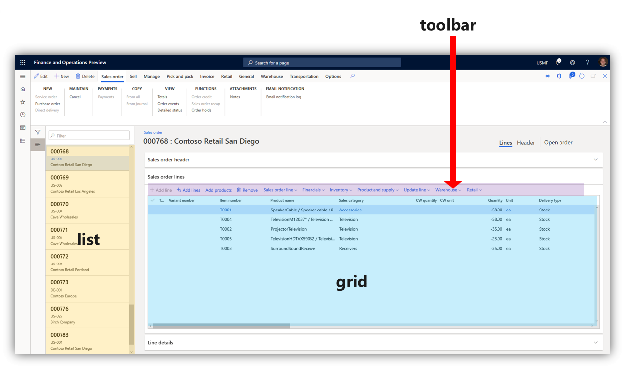 L’image suivante présente des exemples de barres d’outils, de grilles et de listes.