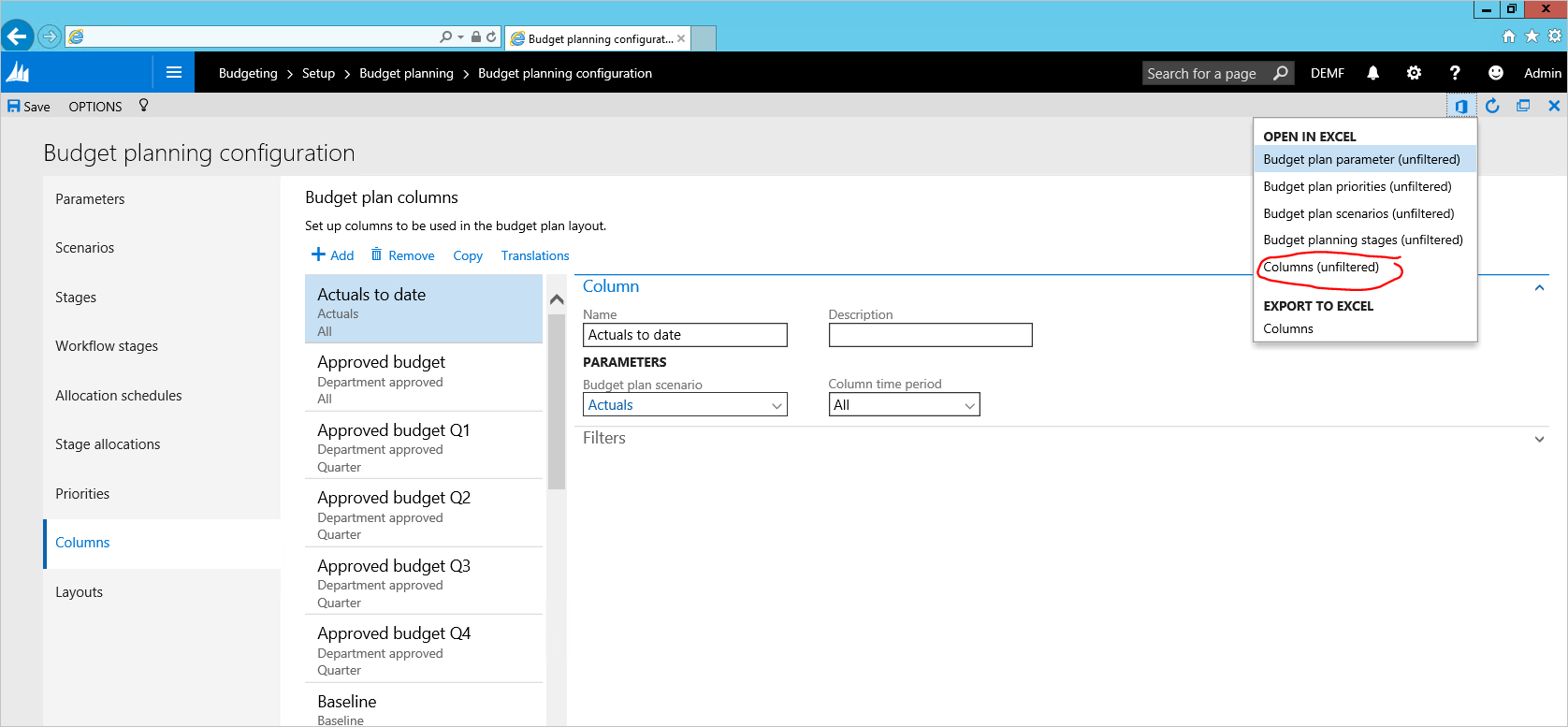 Colonnes non filtrées.