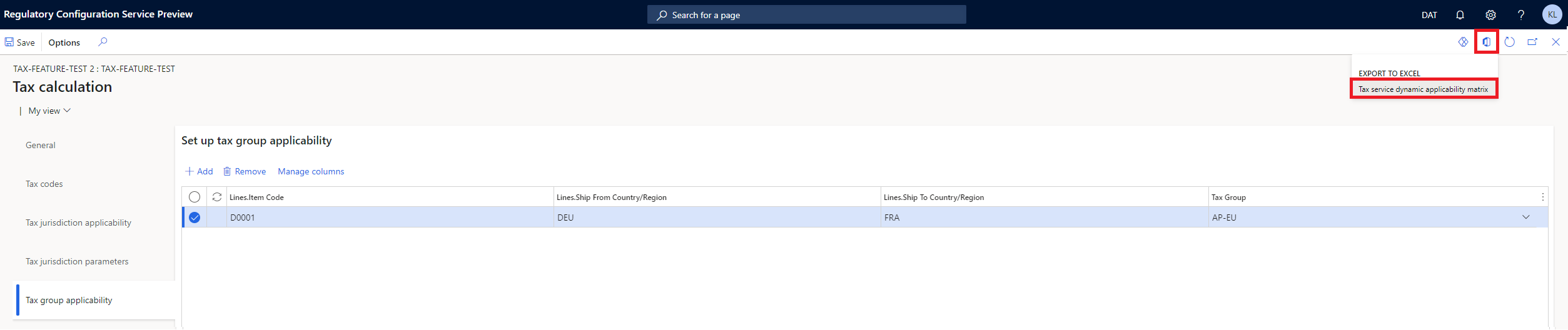 Exportation des règles d’applicabilité vers Microsoft Excel sur la page de la fonctionnalité de Calcul des taxes.