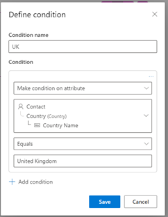 Capture d’écran d’un bloc de contenu avec une condition définie à l’aide de la colonne de recherche de pays personnalisée du contact.