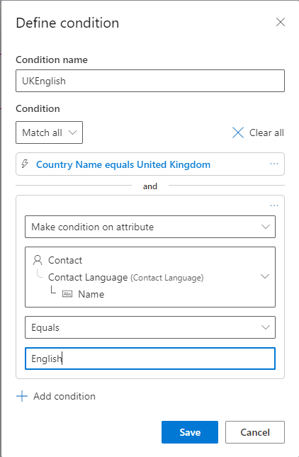 Capture d’écran d’un bloc de contenu avec une condition définie à l’aide des colonnes de recherche de pays et de langue personnalisées du contact.