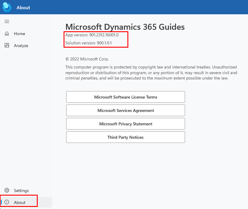 Numéros de version sur la page À propos.