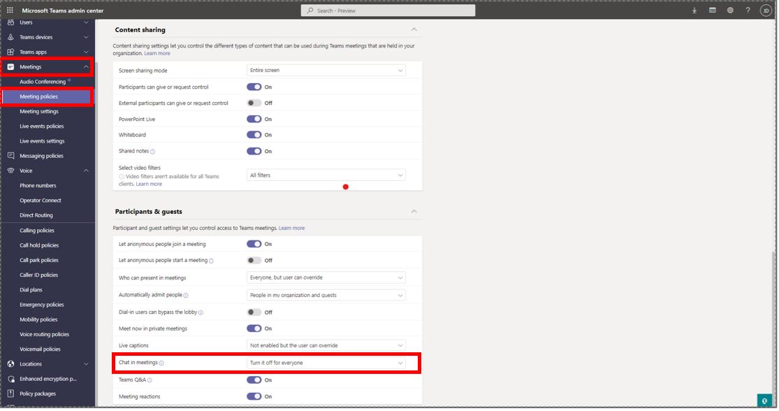 Capture d’écran du Microsoft Teams centre d’administration avec le champ Autoriser le chat dans les réunions en surbrillance Capture d’écran du Microsoft Teams centre d’administration avec le champ Autoriser le chat dans les réunions en surbrillance.