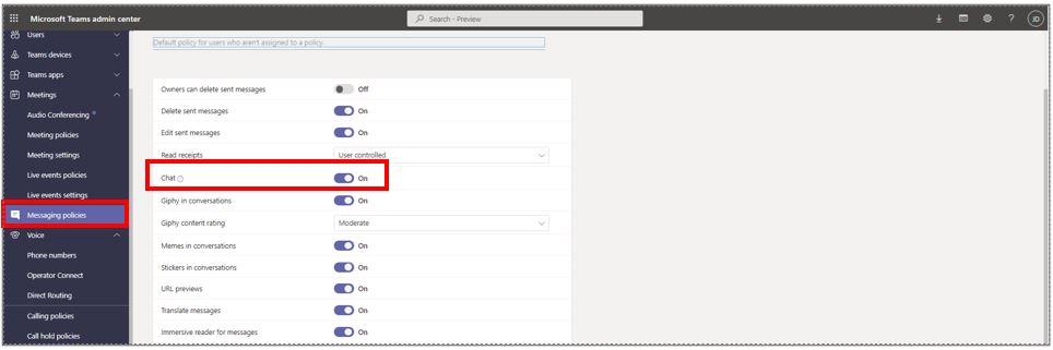 Capture d’écran du Microsoft Teams centre d’administration avec le paramètre de chat en surbrillance Capture d’écran du Microsoft Teams centre d’administration avec le paramètre de chat en surbrillance.