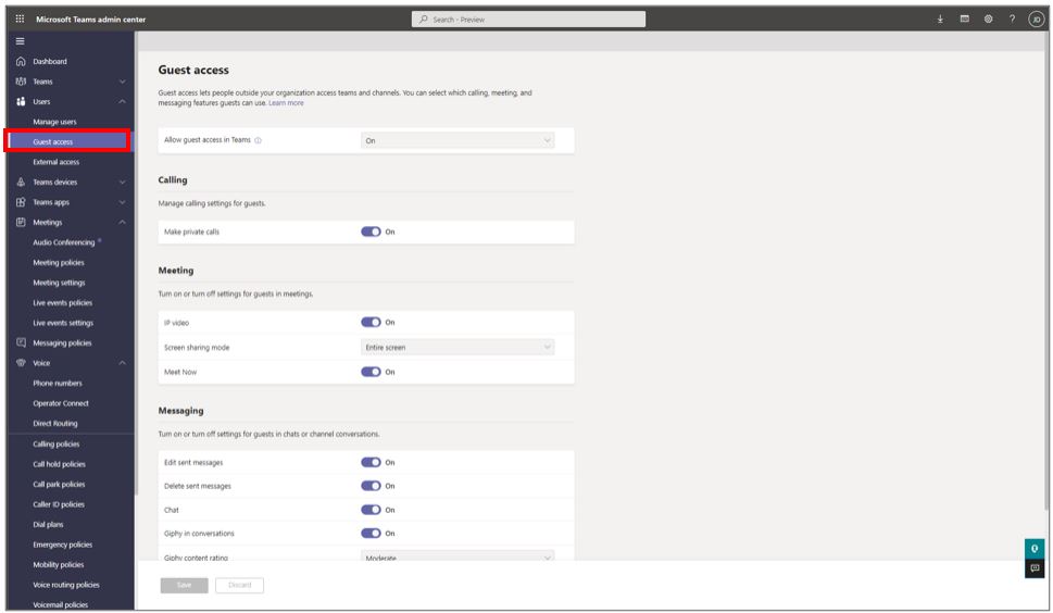 Capture d’écran du Microsoft Teams centre d’administration affichant les paramètres d’accès invité Capture d’écran du Microsoft Teams centre d’administration affichant les paramètres d’accès invité.