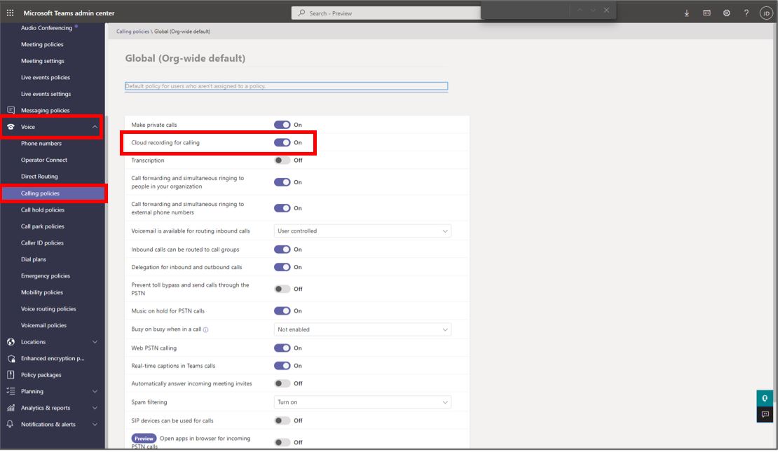 Capture d’écran du Microsoft Teams centre d’administration avec le paramètre d’enregistrement dans le cloud pour les appels mis en surbrillance Capture d’écran du Microsoft Teams centre d’administration avec le paramètre d’enregistrement dans le cloud pour les appels mis en surbrillance.