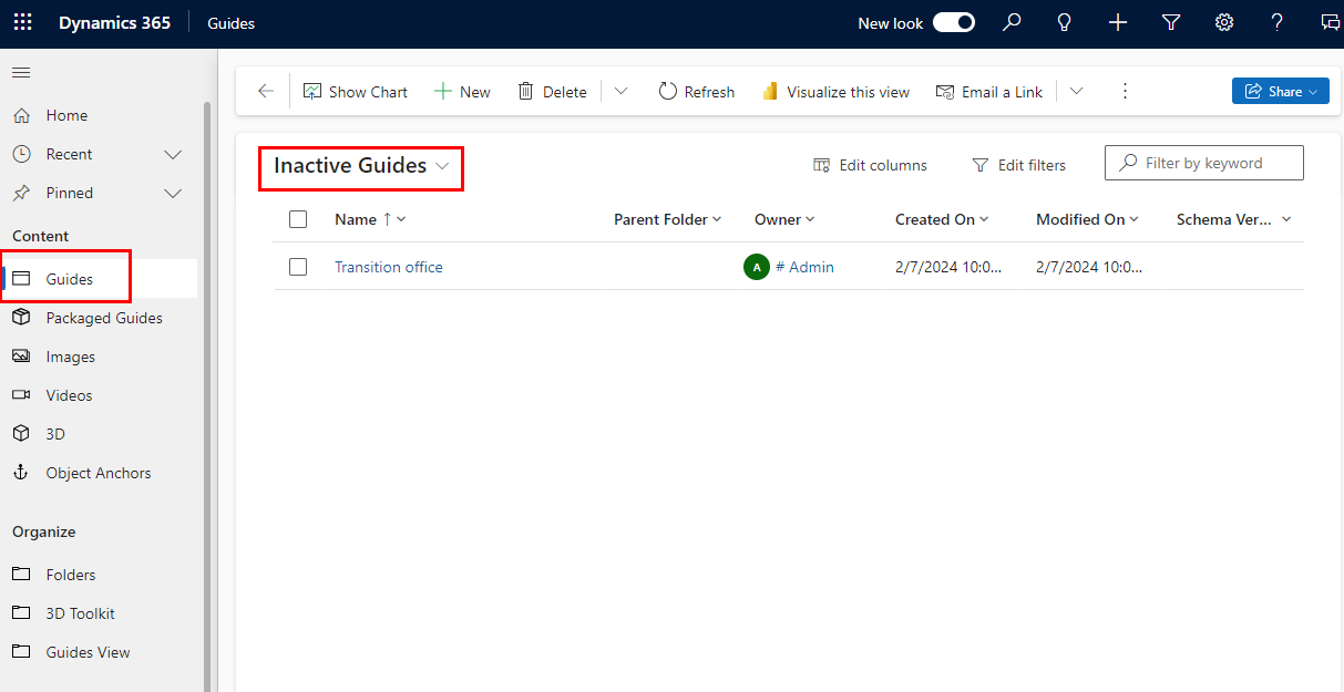 Capture d’écran montrant la sélection des repères inactifs dans l’application basée sur les modèles Guides.
