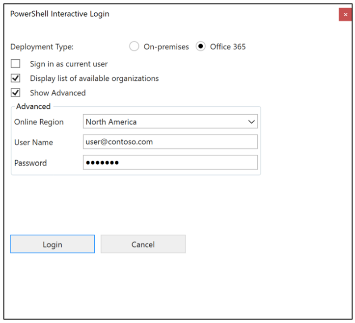 Boîte de dialogue de connexion interactive PowerShell configurée pour l’environnement de destination Boîte de dialogue de connexion interactive PowerShell configurée pour l’environnement de destination.