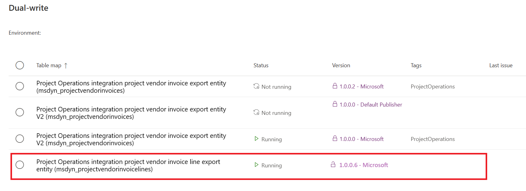 Capture d’écran de la carte d’entité en double écriture avec l’entité d’exportation des lignes de factures fournisseur de projet d’intégration de Project Operations (msdyn_projectvendorinvoicelines) mise en surbrillance.