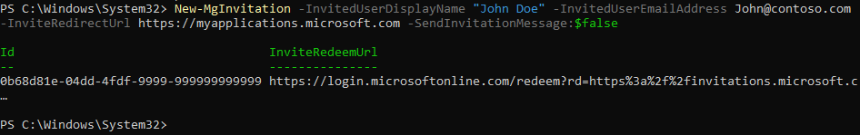 Sortie PowerShell de la commande d’invitation