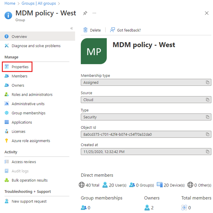 Capture d’écran de la page Vue d’ensemble du groupe avec l’option de menu Propriétés mise en surbrillance.