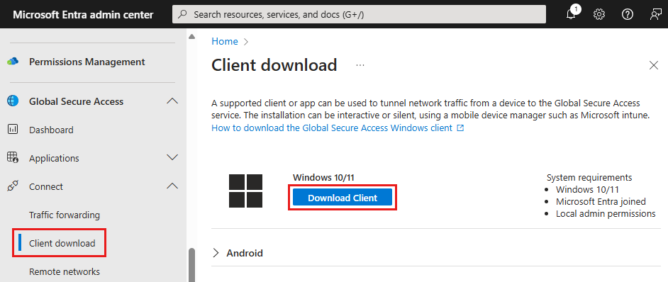 Capture d’écran du bouton Télécharger le client Windows.