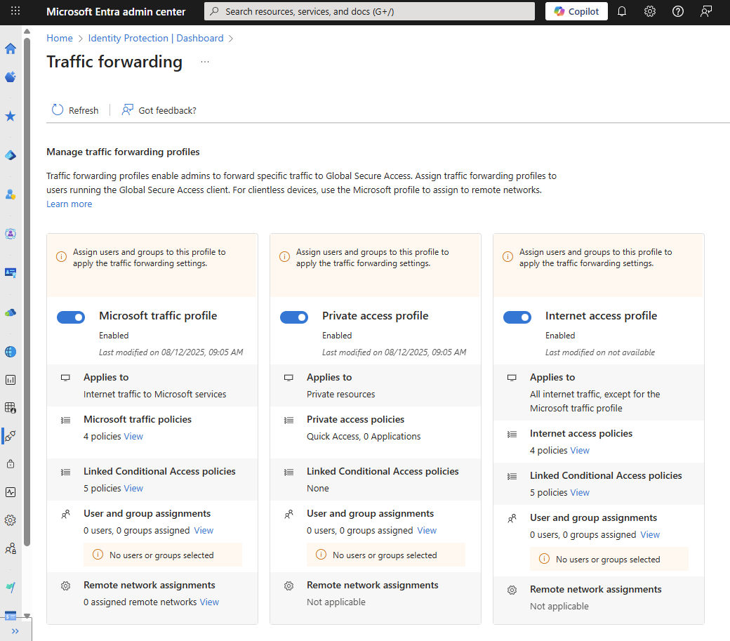 Capture d’écran de la page de transfert de trafic avec le profil d’accès Microsoft activé.