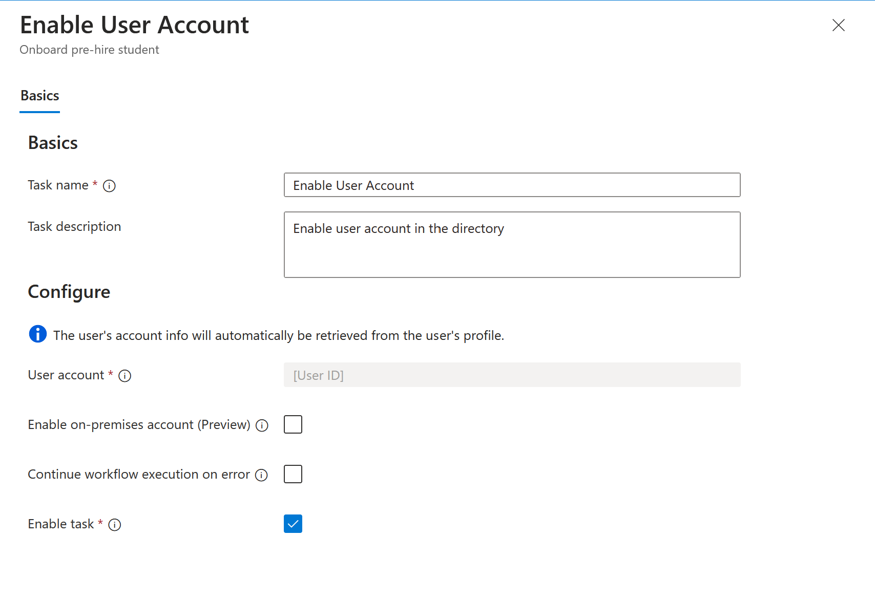 Capture d’écran de la tâche des workflows : Activer un compte d’utilisateur.