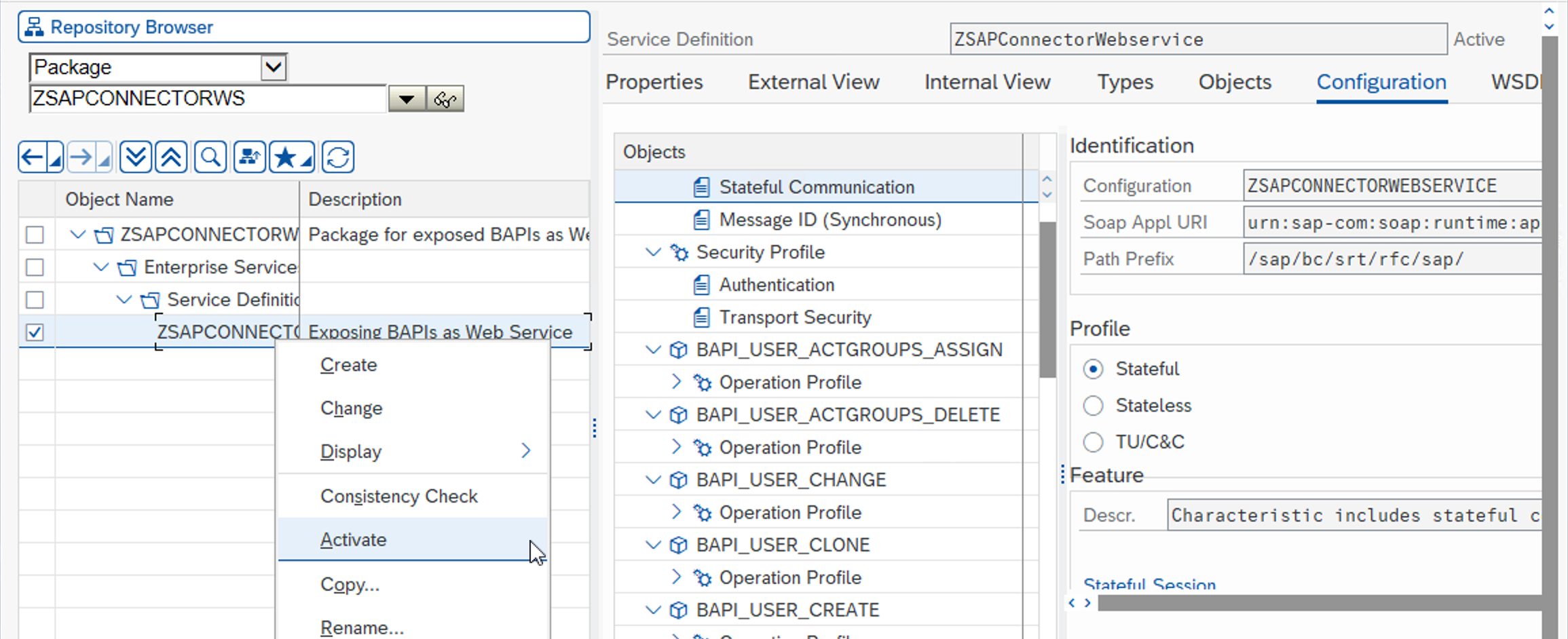 Capture d’écran de la définition du service ZSAPCONNECTORWEBSERVICE.