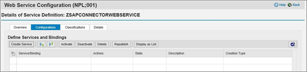 Capture d’écran de l’option Create Service dans la configuration.