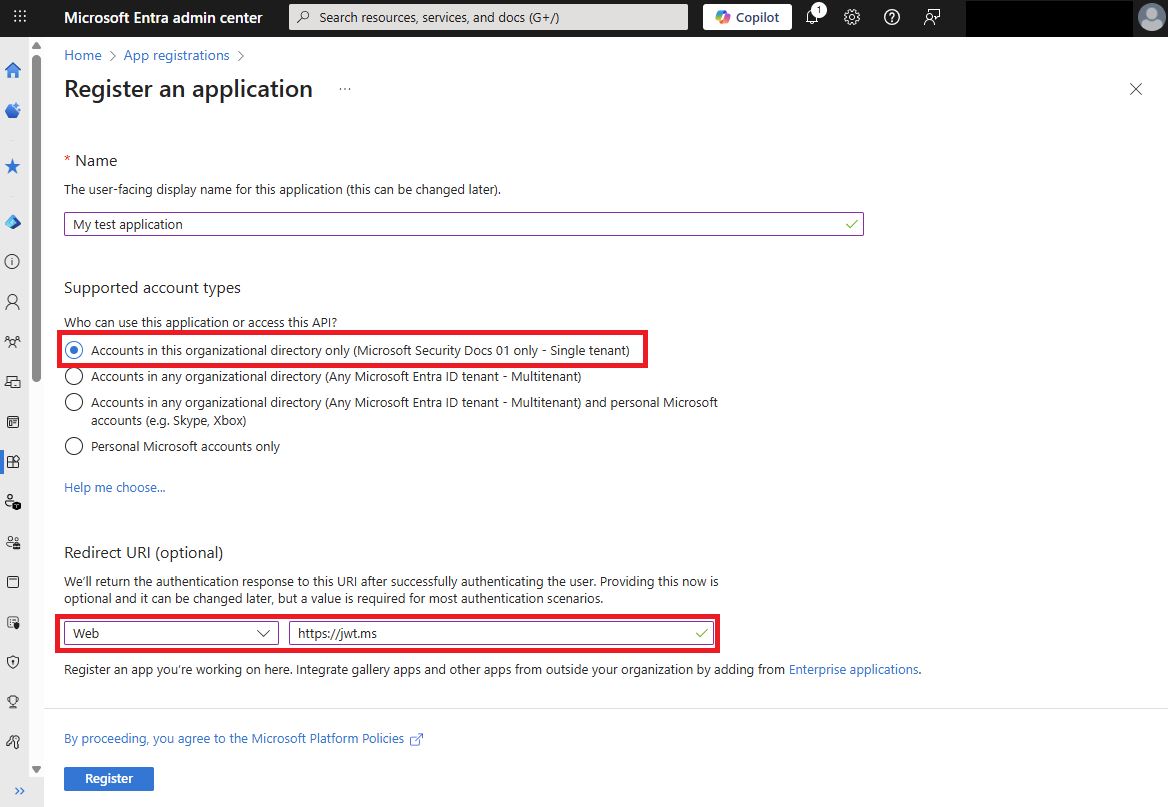 Capture d’écran montrant comment sélectionner le type de compte et l’URI de redirection pris en charge.