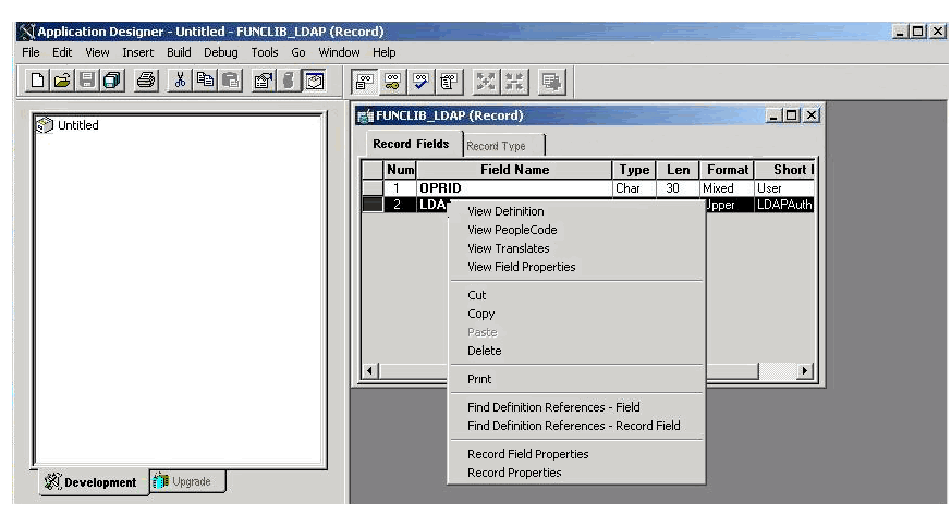 Capture d’écran des options LDAPAUTH sous Application Designer.