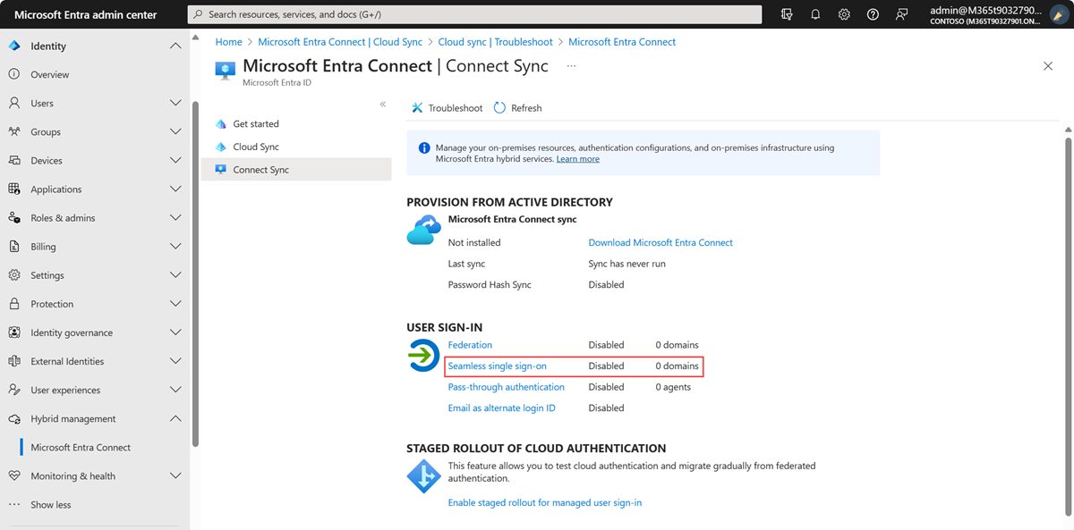 Capture d’écran du Centre d’administration Microsoft Entra : volet Microsoft Entra Connect.