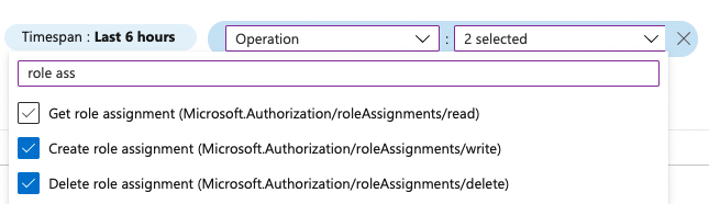 Capture d’écran montrant comment ajouter des opérations d’attribution de rôle au filtre de recherche