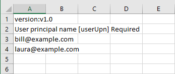 Capture d’écran d’un fichier CSV modifié pour ajouter des utilisateurs à une unité administrative en bloc.
