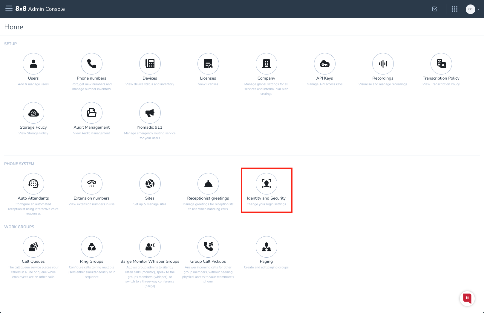 Capture d’écran montrant la console d’administration 8x8.