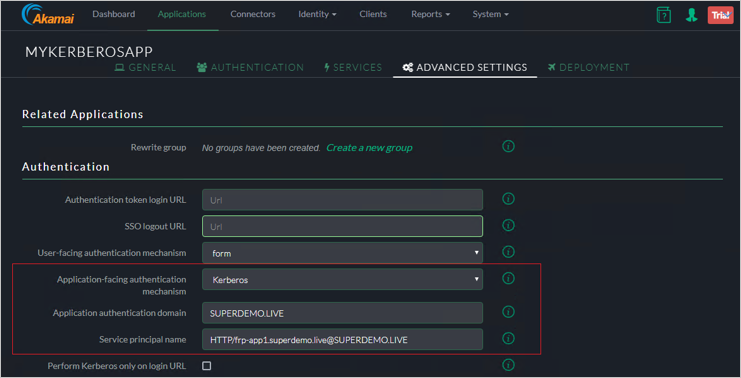 Capture d’écran de l’onglet Advanced Settings (Paramètres avancés) de la console Akamai EAA pour MYKERBOROSAPP montrant les paramètres pour Related Applications (Applications liées) et Authentication (Authentification).