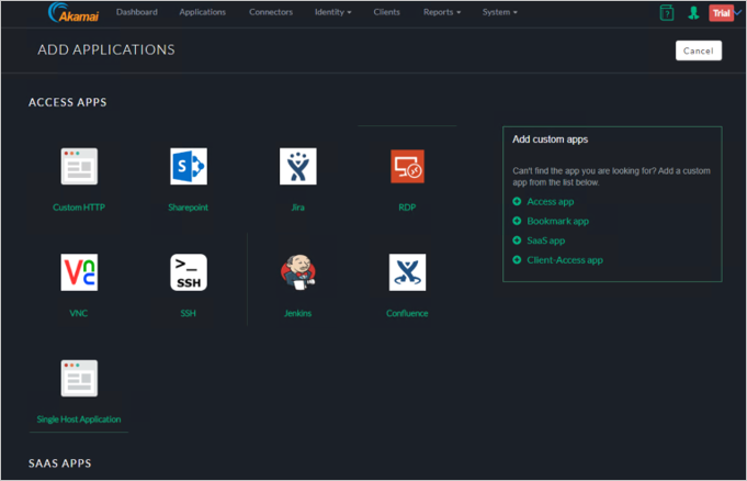 Capture d’écran de l’Assistant Ajout d’applications de la console Akamai EAA montrant SSH listé parmi les applications dans la section Access Apps (Applications d’accès).