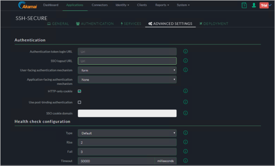 Capture d’écran de l’onglet Advanced Settings (Paramètres avancés) de la console Akamai EAA pour SSH-SECURE montrant les paramètres pour Authentication (Authentification) et Health check configuration (Configuration du contrôle d’intégrité).