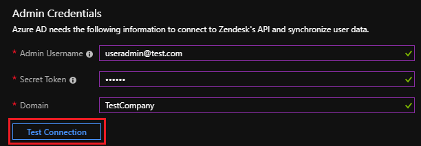 Capture d’écran du test de connexion à Zendesk